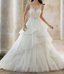 A-Line V neck Wedding Dress Lace tiered Bridal Dress