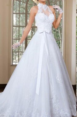 Elegant A Line High Neck Wedding Dress with Detachable Skirt