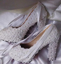 Bling Bridal Lace Pearls and Ribbons wedding pumps  bridal shoes