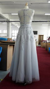 Lace Embroidery Long Prom Dresses Sheer Back Pearls Formal Evening Party Dresses