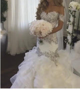 Bling Crystal Mermaid Wedding Dresses Ruffle Tiered Off Shoulder Wedding Gown