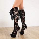 Black High heel over the knee womens boots. Hollow Out lace up wedding engagement boots. Sexy club boots.