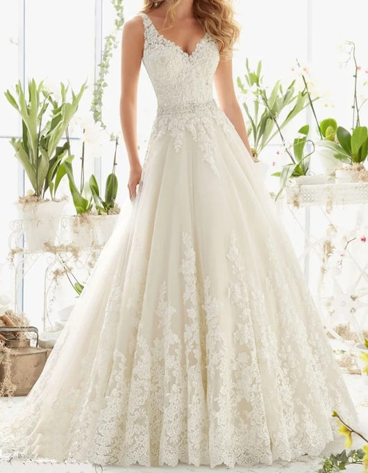 Lace V Neck wedding dress. A Line Bridal gown