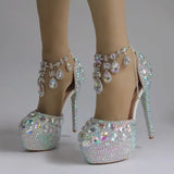 Bling Crystal Wedding Shoes ankle strap Bridal heels