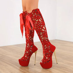 Red High heel over the knee womens boots. Hollow Out lace up wedding engagement boots. Sexy club boots. (Copy)