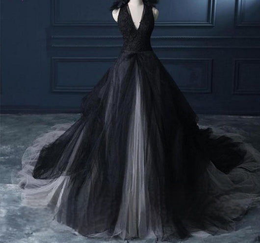 Sexy Black Ball-Gown Prom Dresses Tulle V-Neck Evening Gowns – MyChicDress