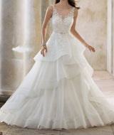 A-Line V neck Wedding Dress Lace tiered Bridal Dress