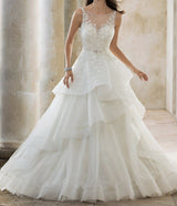 A-Line V neck Wedding Dress Lace Ruffeled tiered Bridal Dress