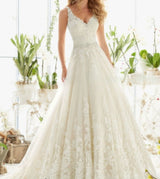 Lace V Neck wedding dress. A Line Bridal gown
