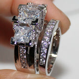 Bling Silver Square Paved Three-stone Wedding 2-in-1 Band Ring Sets