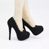 Black Lace and Pearl Woman Wedding Shoes