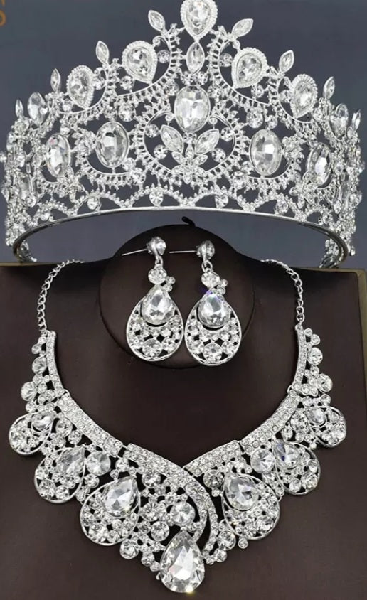 Bling Bridal Jewelry Sets Silver Crystal Tiaras Necklace Earrings