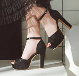 Bling Bridal sequined platform  Heels. Ankle strap Wedding Pumps
