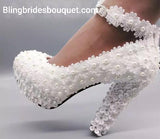 Pearls and Lace wedding pumps  snkle strap bridal shoes