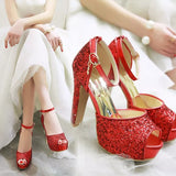 Bling Bridal sequined platform  Heels. Ankle strap Wedding Pumps