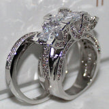 Bling Silver Square Paved Three-stone Wedding 2-in-1 Band Ring Sets