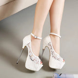 Bling Bridal White lace Bridal platform Heels Ankle Straps Stiletto Heel Pumps