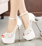 Bling Bridal White lace Bridal platform Heels Ankle Straps Stiletto Heel Pumps