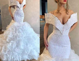 Luxury Mermaid Wedding Gowns V-neck Cap Sleeve Lace White Wedding Dress