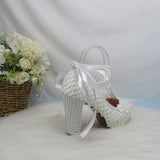 Bling Bridal ankle strap lace crystal and pearl wedding shoes