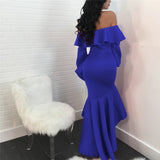 Ruffle Off Shoulder Maxi Evening Party Dress with high low hem