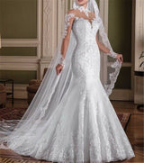 Long Sleeves Mermaid Wedding Dresses High Neck Lace Appliques Bridal Gowns