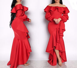 Ruffle Off Shoulder Maxi Evening Party Dress with high low hem
