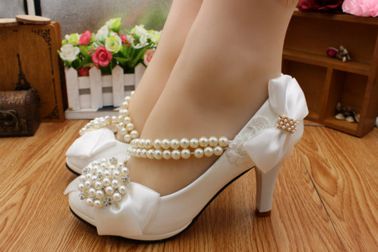 Bling Bridal Bow Tie pearl chain crystal bridal wedding shoes