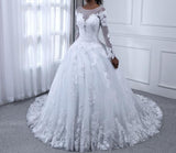 Bling Ball Gown Wedding Dresses Lace Pearls Long Sleeves Bridal Gowns