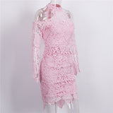 Cold Shoulder Lace Long Sleeve Pink Party Evening Short Mini Dress