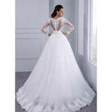 Ball Gown Wedding Dresses with Detachable train Lace Appliques Pearls Bridal Gowns