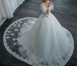 Wedding Dresses Long Sleeve Boat Neck Button Appliques Ribbon Ball Gown
