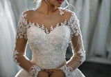 Wedding Dresses Long Sleeve Boat Neck Button Appliques Ribbon Ball Gown