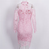 Cold Shoulder Lace Long Sleeve Pink Party Evening Short Mini Dress