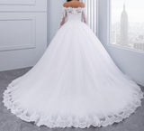 Lace Wedding Dress Long Sleeves Off Shoulder Tulle Puffy Bridal Gowns