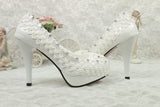Bling Bridal lace crystal and pearl wedding shoes with ankle strap