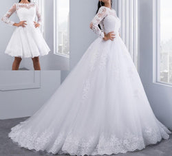 Ball Gown Wedding Dresses with Detachable train Lace Appliques Pearls Bridal Gowns