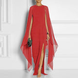 Womens Chiffon Evening Dress With batwing long sleeves and side slit