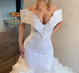 Luxury Mermaid Wedding Gowns V-neck Cap Sleeve Lace White Wedding Dress
