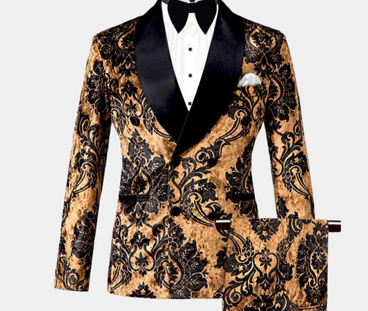Mens  Double Breasted  3 piece Tuxedo Suit Black with Gold Velvet Suit Set