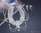 Silver crystal rhinestone pearl Wedding Bridal choker necklace earring Jewelry Set