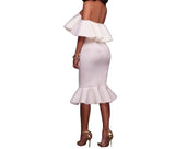 Off Shoulder Ruffle Midi Dress  at bling brides bouquet online bridal store
