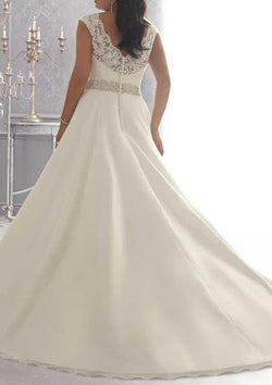 V Neck Ivory Cap Sleeve Beadings  A Line Wedding Dress Lace Plus Size Wedding Dresses