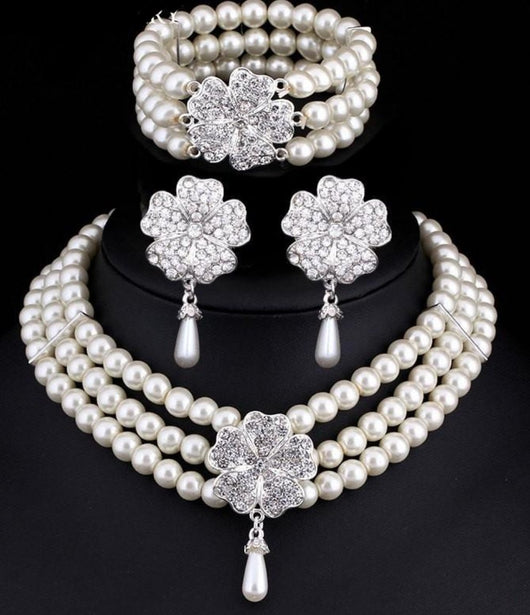 Cream Pearl Wedding Jewelry Sets, Necklace, Bracelet and earrings