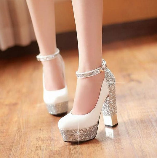 High-heeled shoes Sparkle Bling  Wedding Shoes For Women With High Platform and Ankle Strap