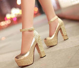 High-heeled shoes Sparkle Bling  Wedding Shoes For Women With High Platform and Ankle Strap