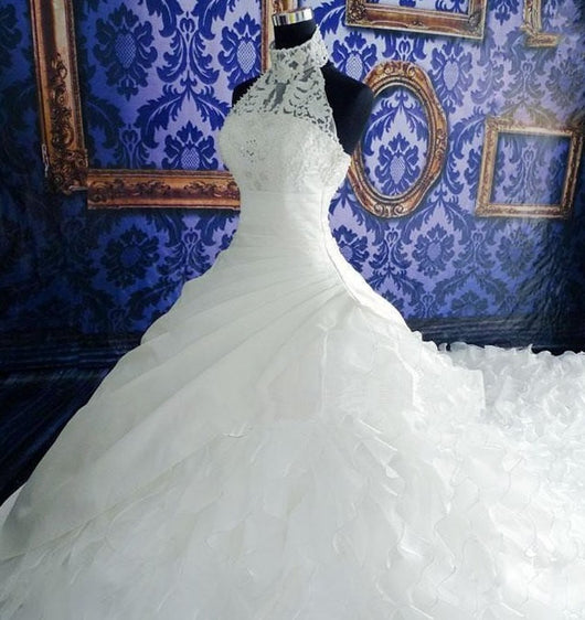 High-neck  Ruffled Wedding Gown  at Bling Brides Bouquet online Bridal Store