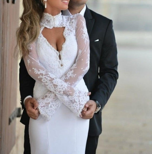 Long Sleeves Satin and Lace Mermaid Wedding Dress at Bling Brides Bouquet online Bridal Store