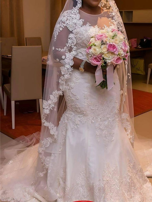 Plus Size Wedding Dress ,Elegant Lace Crystal Mermaid Wedding Dresses