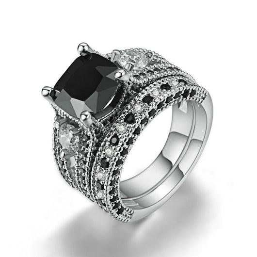 Black Topaz diamond  and crystal Black Gold Filled Bridal Engagement Wedding Ring set